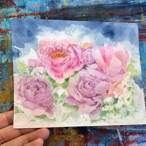 Floral Watercolor Painting Original Art Flower Bouquet Still Life home Decor - Picture 1 of 5